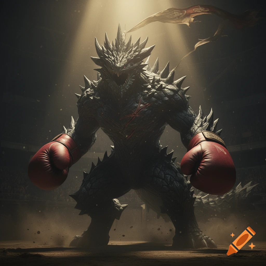 A spiky, dark monster resembling Nergigante, wearing red boxing gloves, stands in a dusty arena under a spotlight.