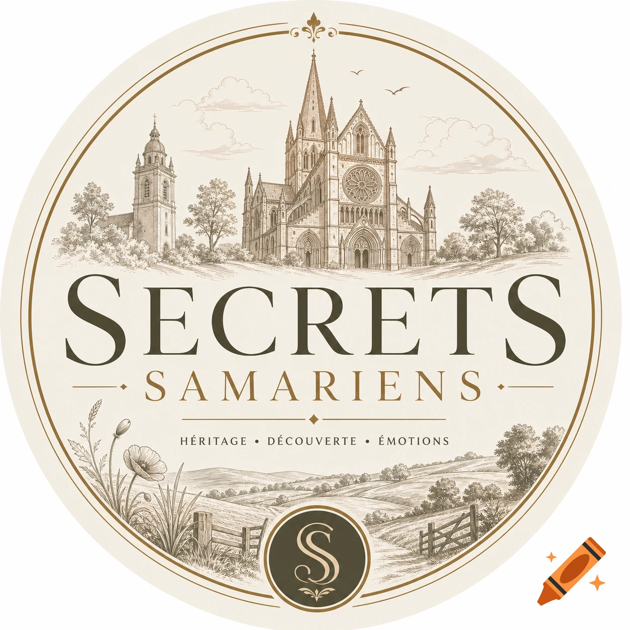 Vintage circular logo with an ornate church, landscape, wildflowers, and text 'Secrets Samariens' and 'H éritage D écouverte Émotions'.