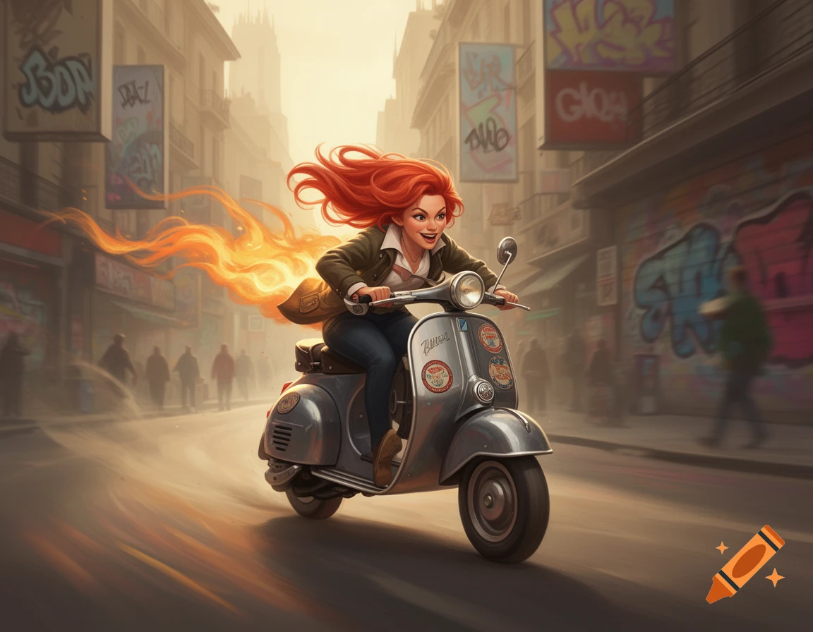 A cartoon woman with red hair and a green jacket joyfully rides a vintage gray scooter, leaving a fiery trail behind her, through a bustling urban street with graffiti.