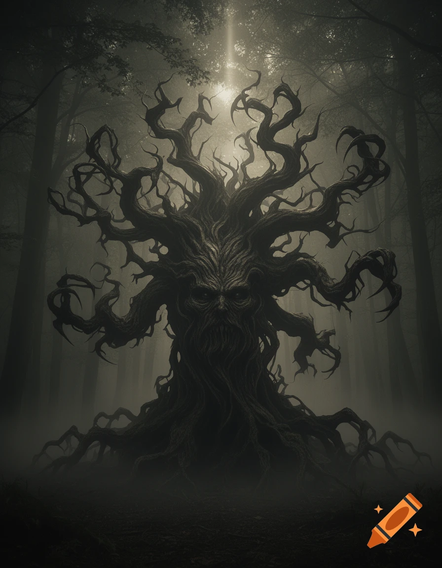 A dark, gnarled tree creature with a menacing face and twisted branches stands in a misty forest, light filtering through.
