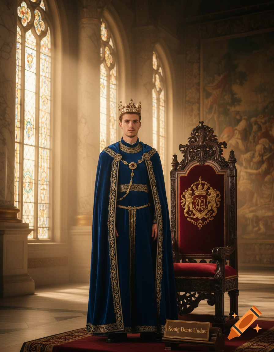 A young man in a blue and gold royal robe and crown stands beside a red velvet throne in a sunlit grand hall.