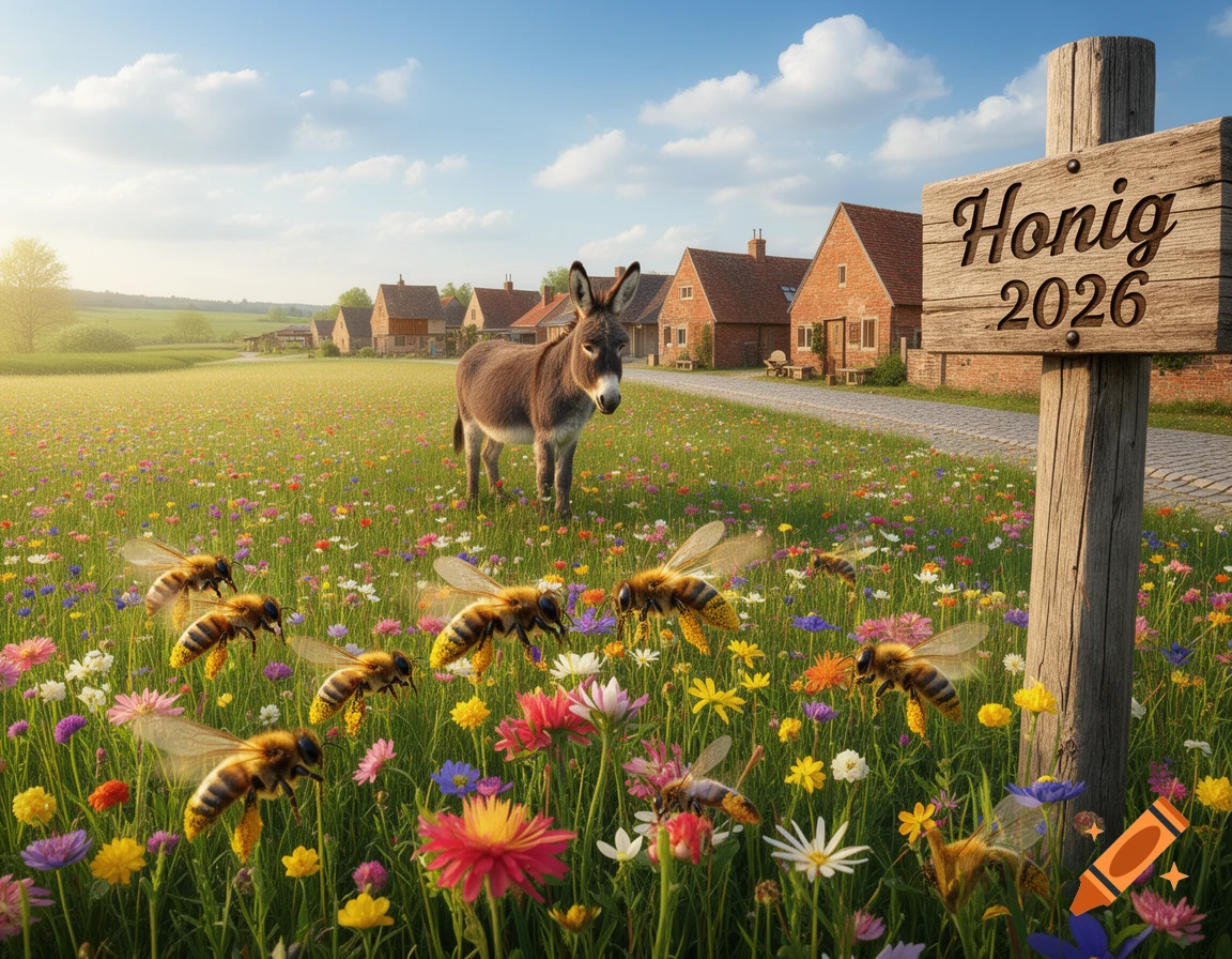 A donkey stands in a colorful wildflower meadow with bees flying around, a village in the background, and a sign reading "Honig 2026".
