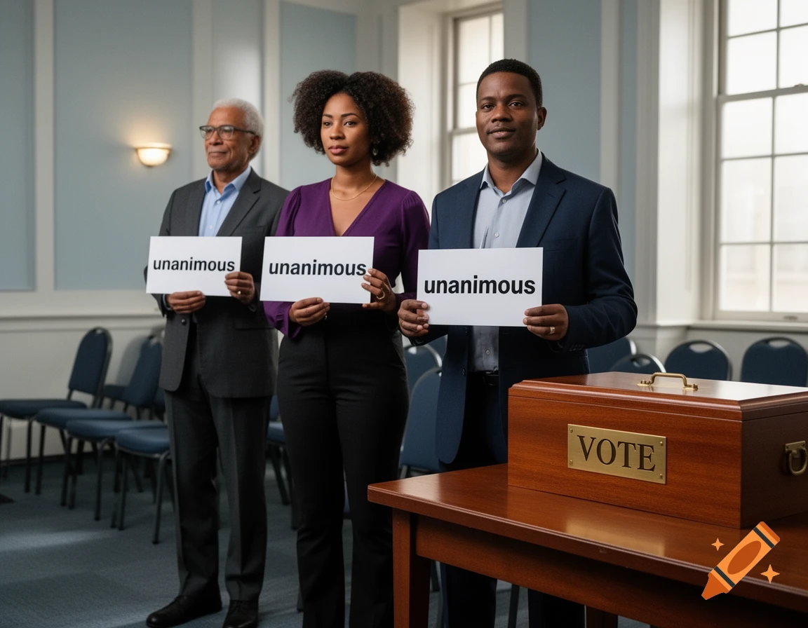 Three diverse people holding 'unanimous' signs standing next to a wooden 'VOTE' box in a room.