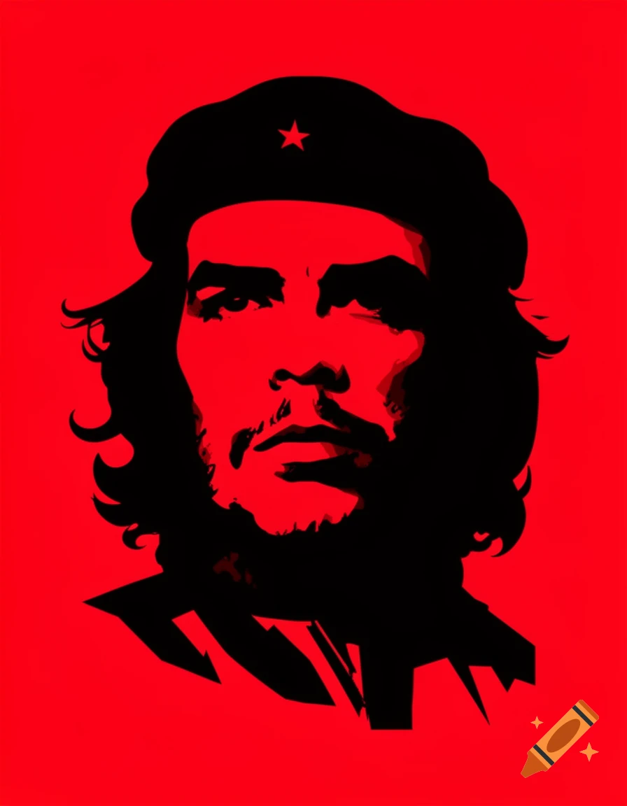 Minimalist black silhouette portrait of Che Guevara with a red star on his beret, against a bright red background.