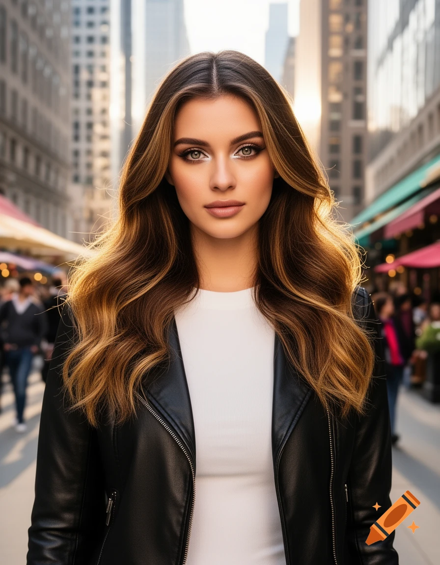 A young woman with long wavy brown hair and a black leather jacket stands in a sunny city street.