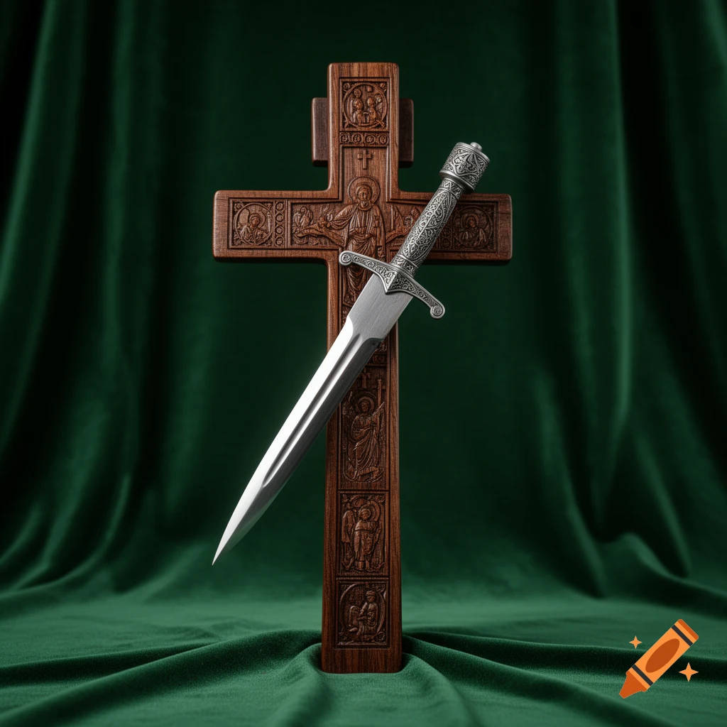A silver dagger resting diagonally against a dark carved wooden Orthodox cross, set against a dark green velvet background.
