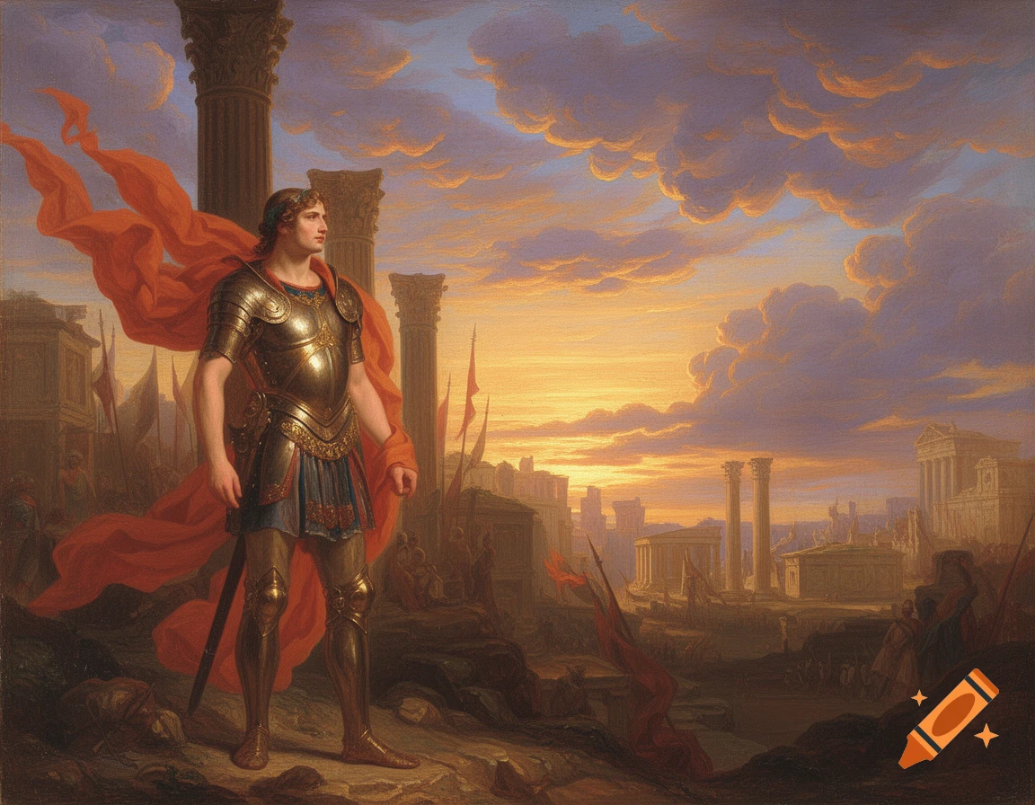 A classical painting of a warrior in golden armor with a flowing red cape, standing amidst ancient ruins at sunset.