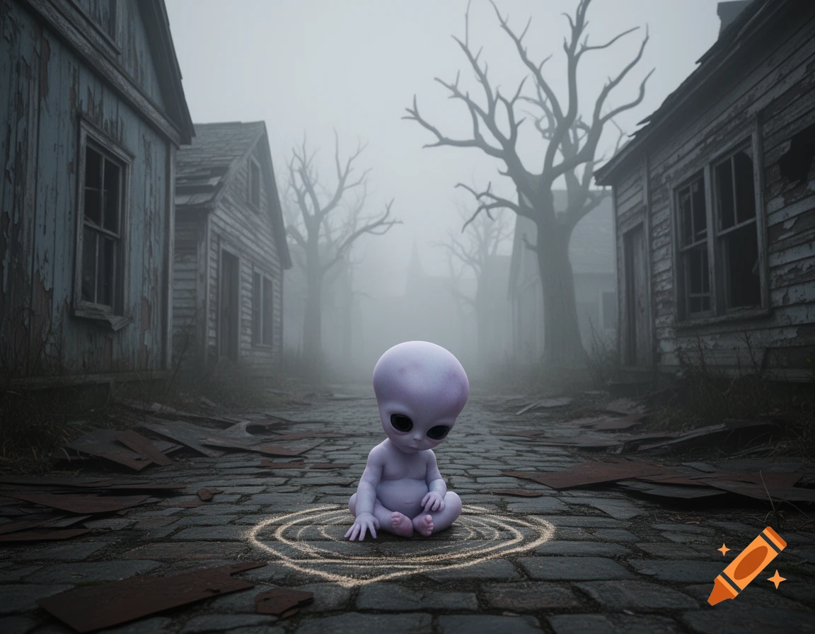 A pale purple baby alien sits on a cobblestone path in a foggy, abandoned village.