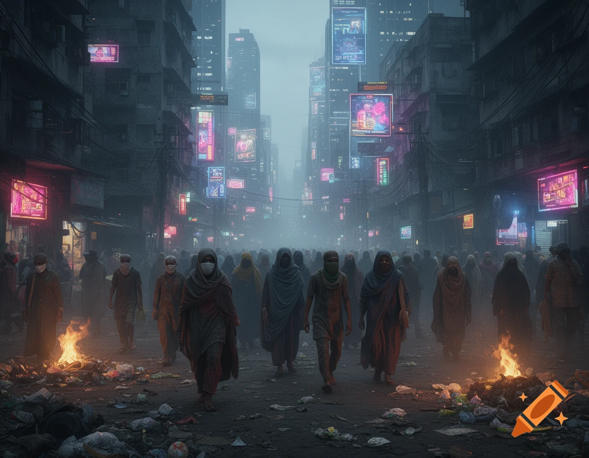A misty, dark cyberpunk city street filled with masked people walking past trash fires and buildings lit by glowing neon signs.