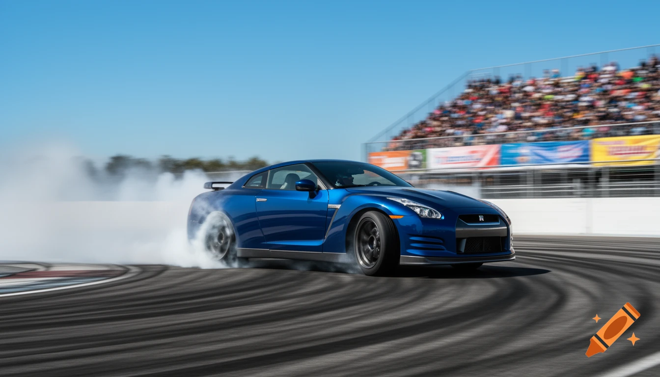 A blue Nissan GT-R drifts on a racetrack, tires smoking, with blurred spectators in the stands under a clear sky.