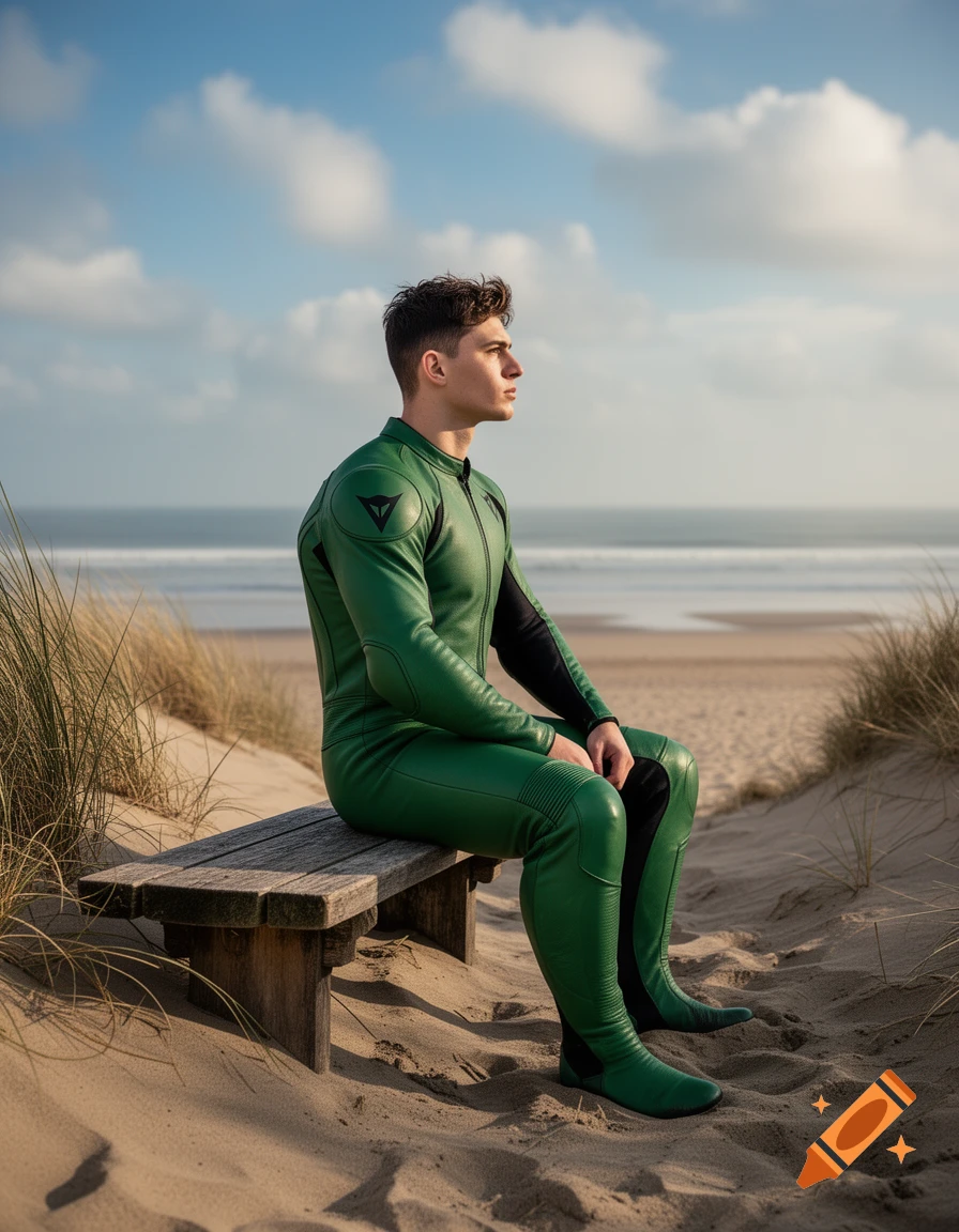 A young muscular man in a green and black leather suit sits on a wooden bench on a sandy beach, looking out at the ocean under a blue sky.