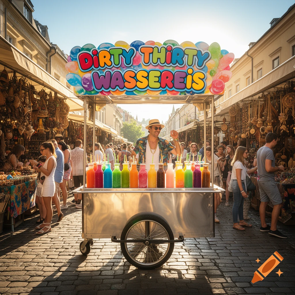 A man in a straw hat sells colorful drinks from a street stall with a 'DIRTY THIRTY WASSEREIS' sign in a bustling market.