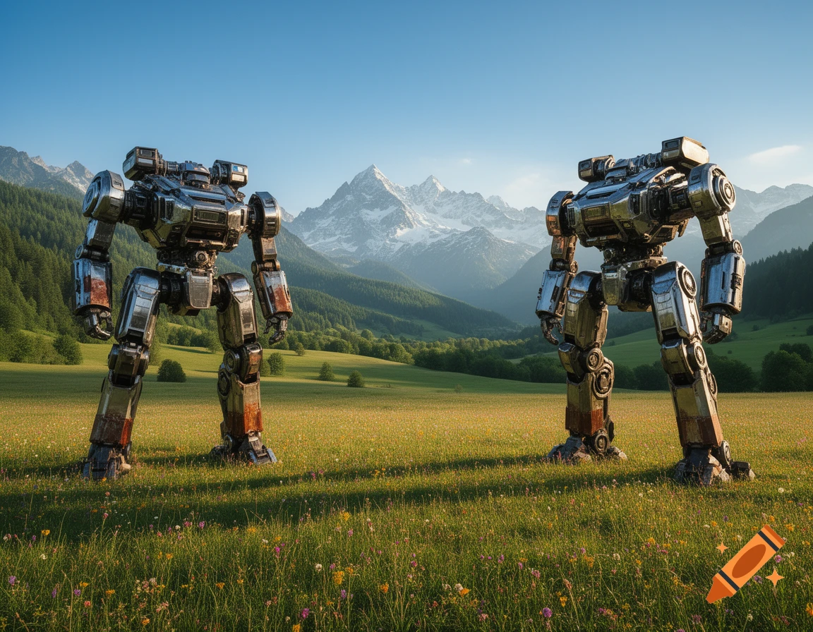 Two metallic MechWarriors stand in a vibrant green meadow with wildflowers, backed by forests and snow-capped mountains under a blue sky.