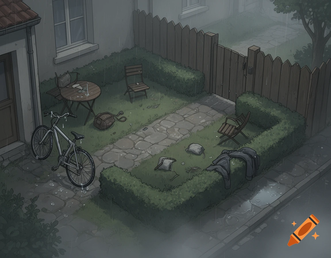 Top-down illustration of a rainy French residential courtyard with a bicycle, garden furniture, a paved path, and debris.