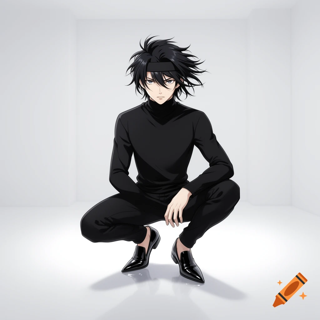 Anime boy with black hair and headband, wearing black turtleneck and pants, crouching in a white room.