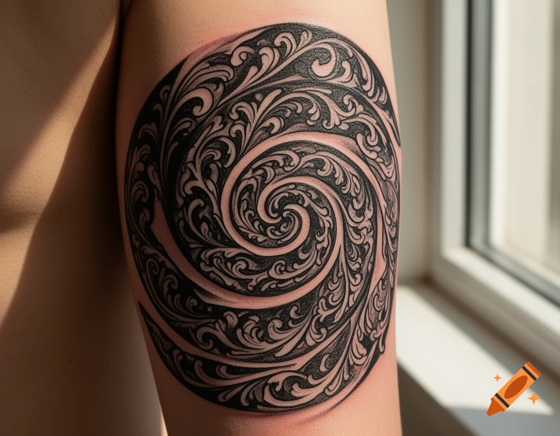 Close-up of an arm with a large, black circular tattoo featuring intricate swirling scrollwork design, next to a window.