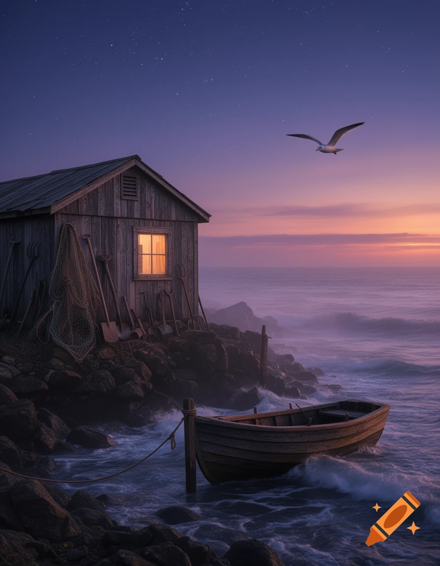 Photorealistic wooden shack and boat on a rocky coast at twilight, with a seagull flying under a starry, colorful sky.