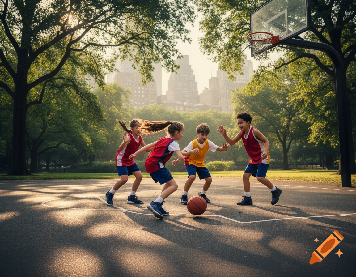 Four children play basketball on an outdoor court in a city park, with trees and buildings in the background. Photorealistic style.
