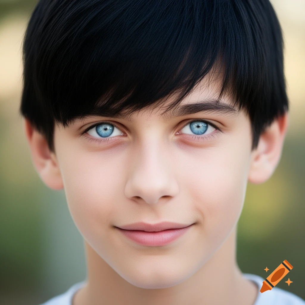 Close-up photorealistic portrait of a young boy with black hair and striking blue eyes, smiling slightly.