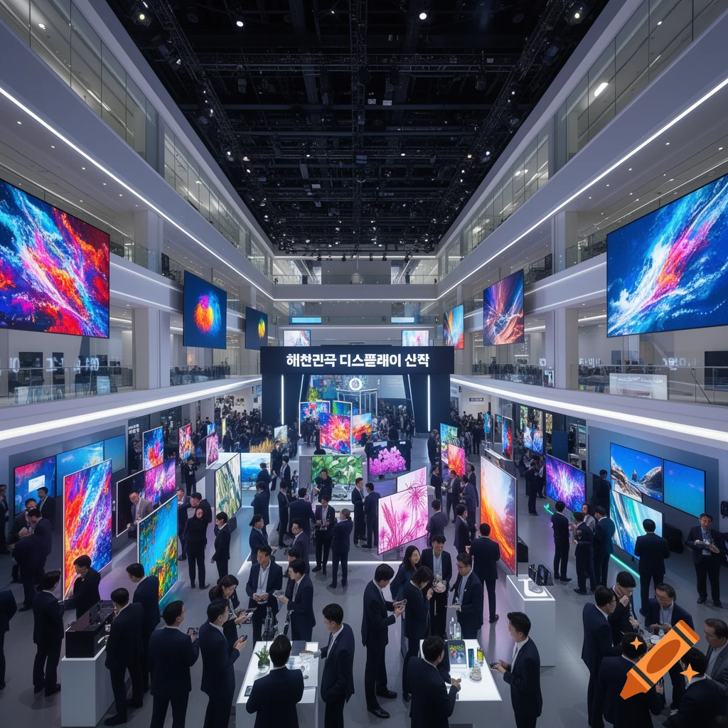 An overhead view of a large, brightly lit display industry exhibition hall with many people browsing colorful, vibrant screens.