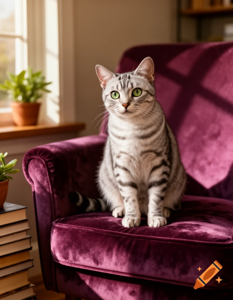 A silver tabby cat with bright green eyes sits on a plush purple armchair near a sunlit window.