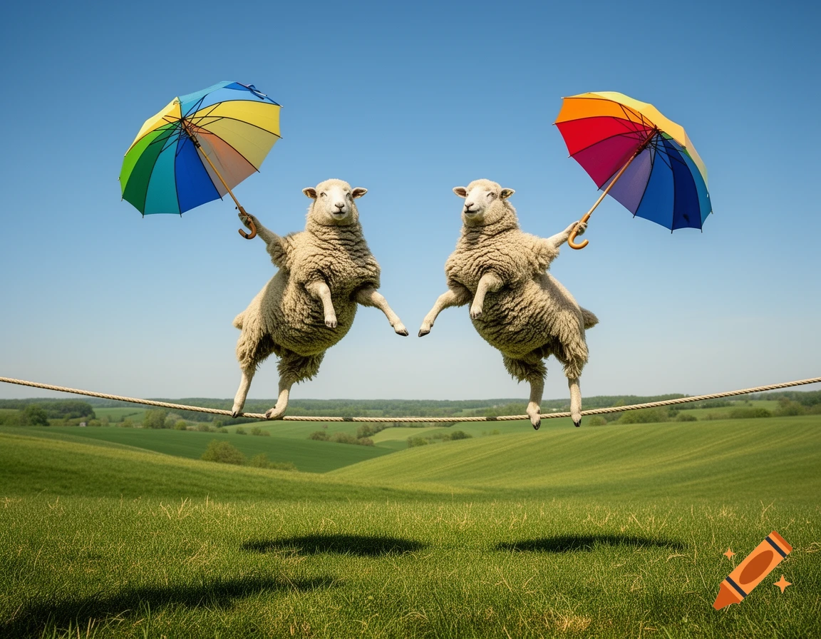 Two sheep balancing on a tightrope, each holding a colorful umbrella against a blue sky over green fields.