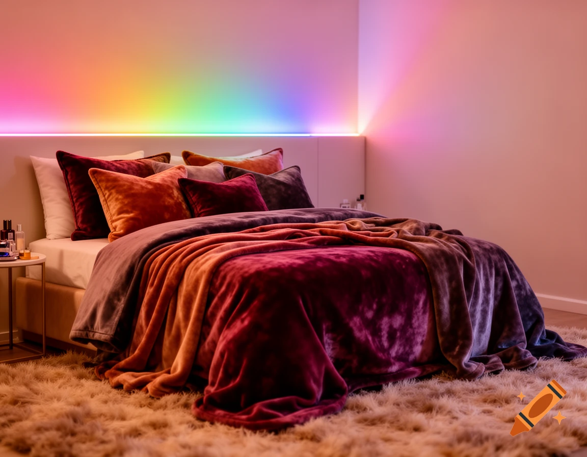 A cozy bedroom with a bed covered in velvet pillows and blankets, illuminated by a rainbow LED light strip along the wall. A fluffy rug covers the floor. Photorealistic.