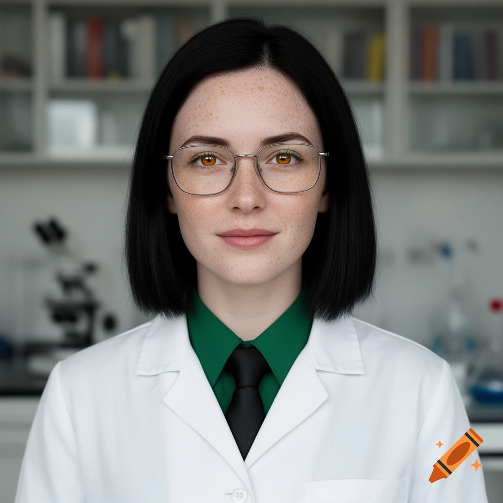 A young woman with freckles, short black hair, glasses, green shirt, black tie, and lab coat smiles in a laboratory.