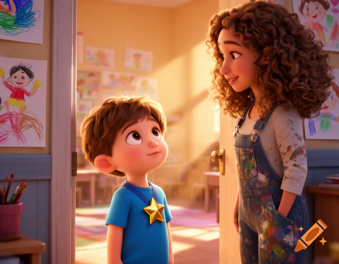 A Pixar-style animation of a boy with a gold star badge looking up at a paint-splattered teacher in a sunlit classroom doorway with drawings on the walls.