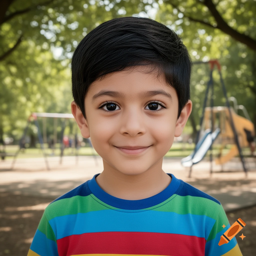A smiling young boy with black hair and a colorful striped shirt stands in a park with playground equipment in the background.