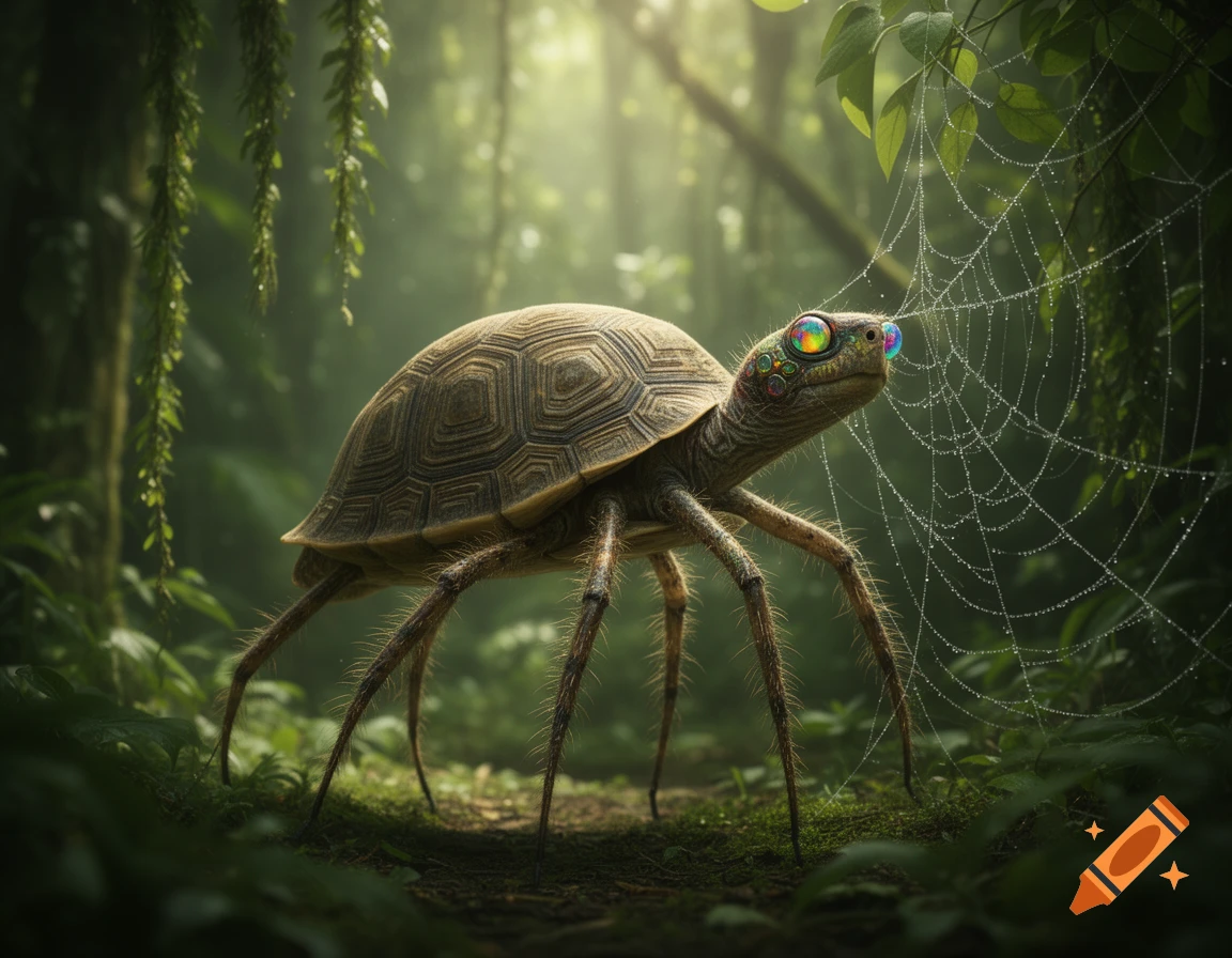 A surreal spider-turtle hybrid with colorful, iridescent eyes stands in a lush, misty jungle near a dew-covered spiderweb.