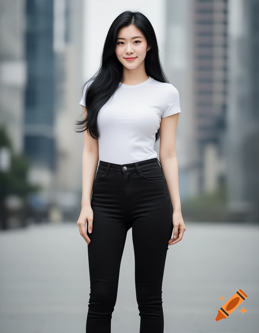 A smiling young East Asian woman with long black hair, wearing a white t-shirt and black skinny jeans, stands against a blurred city background.