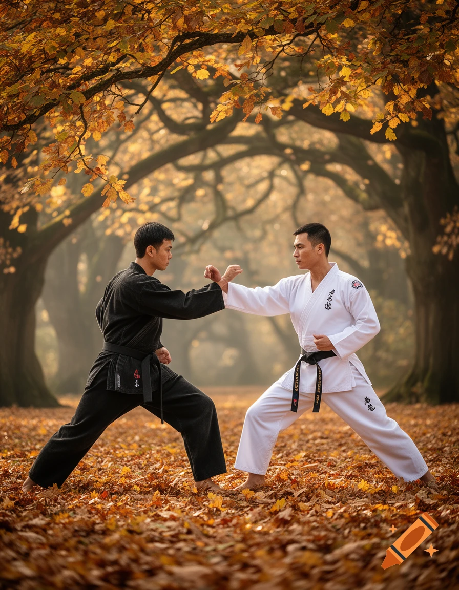 Two men in black and white martial arts gis spar outdoors amidst fallen autumn leaves and trees, photorealistic.
