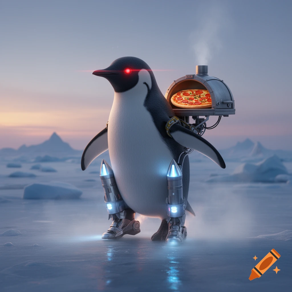 A photorealistic penguin with glowing red laser eyes, rocket boots, and a pizza oven on its back, stands on an icy plain at sunset.