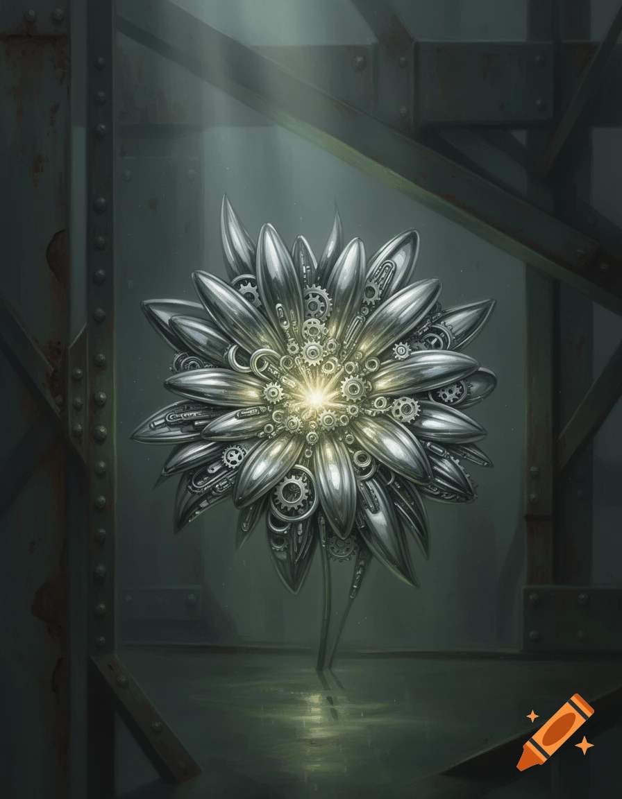 An abstract, metallic flower with gears and mechanisms, glowing from its center, in an industrial setting.