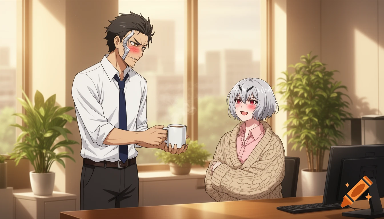 A man with a silver facial scar blushes while handing a steaming mug to a silver-haired woman at an office desk. Both have soft, joyful expressions.