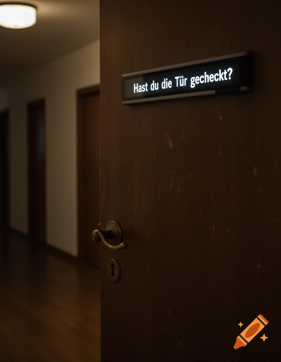 A dark wooden door with an illuminated sign displaying the German text "Hast du die Tür gecheckt?"