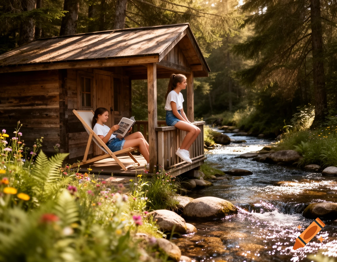 Two girls relax on the porch of a wooden cabin by a stream in a sunlit forest.