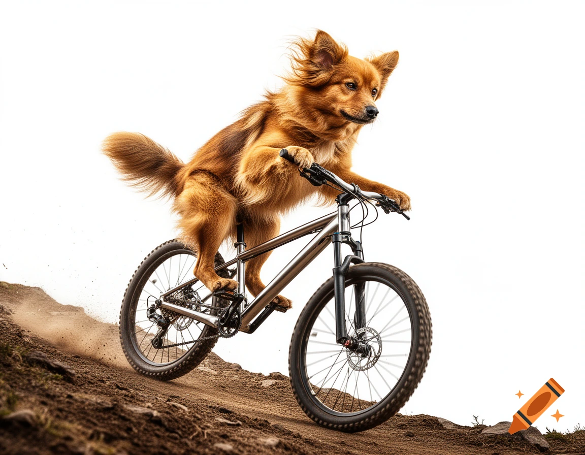 A fluffy brown dog skillfully rides a mountain bike down a dirt path against a bright white background.