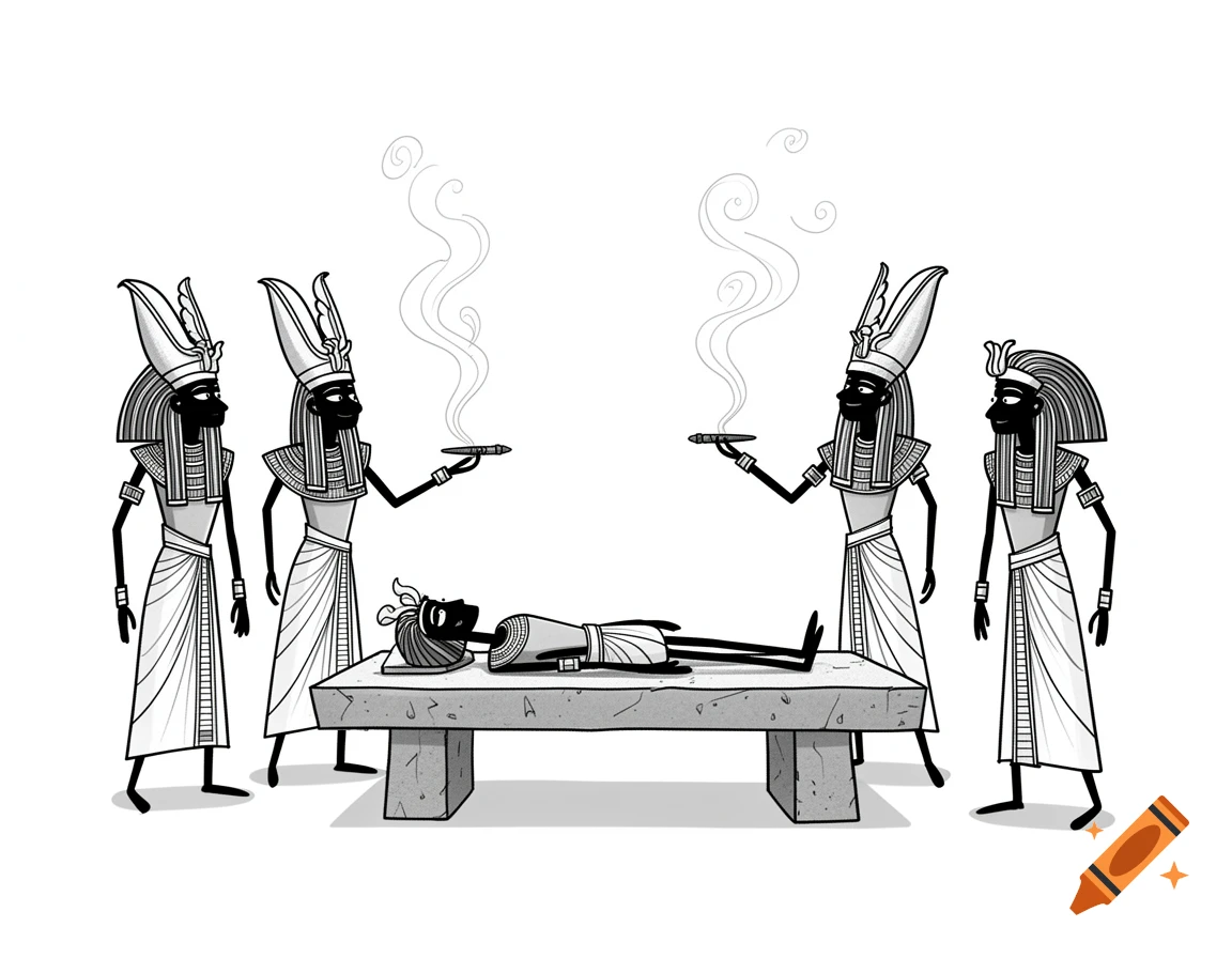 Four ancient Egyptian figures in headdresses stand around a body on a stone table, with two holding smoking incense. Black and white cartoon style.
