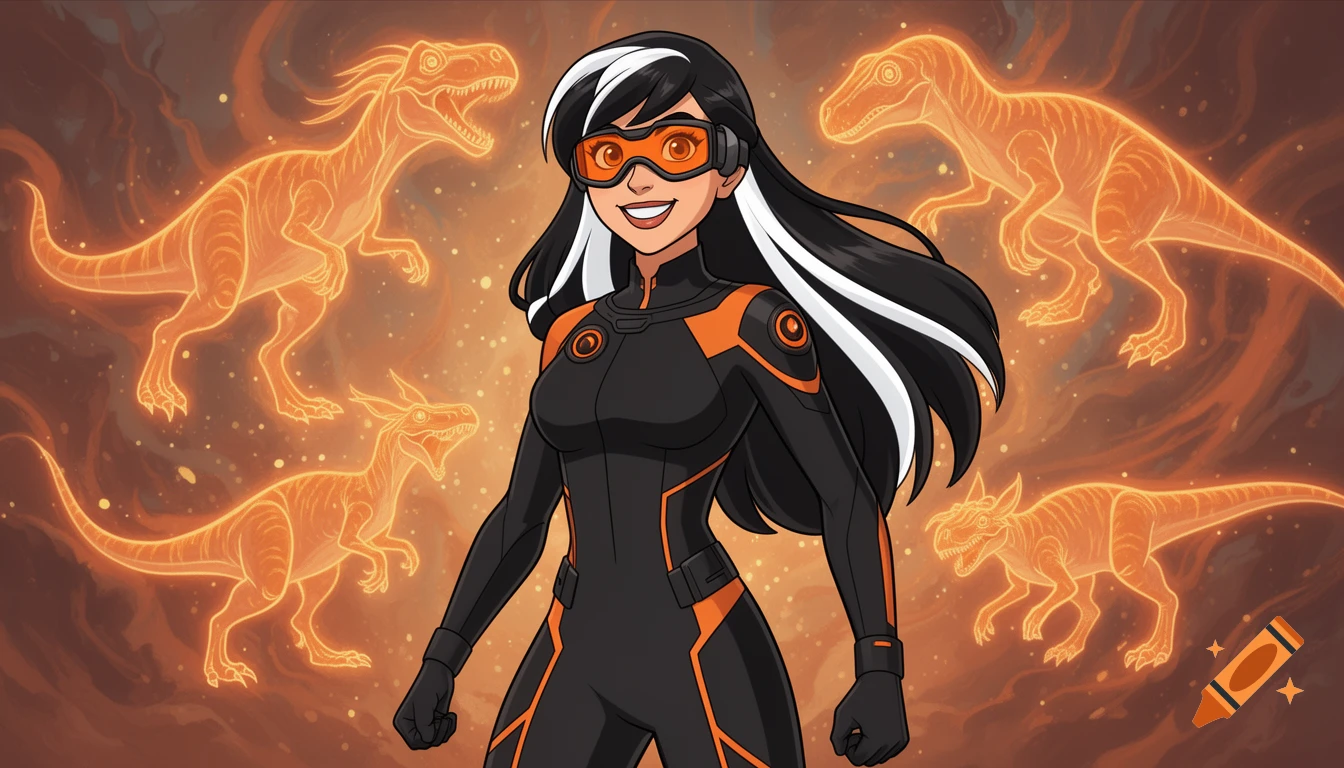Anime superhero in black and orange suit, orange goggles, smiling, surrounded by glowing orange dinosaurs.