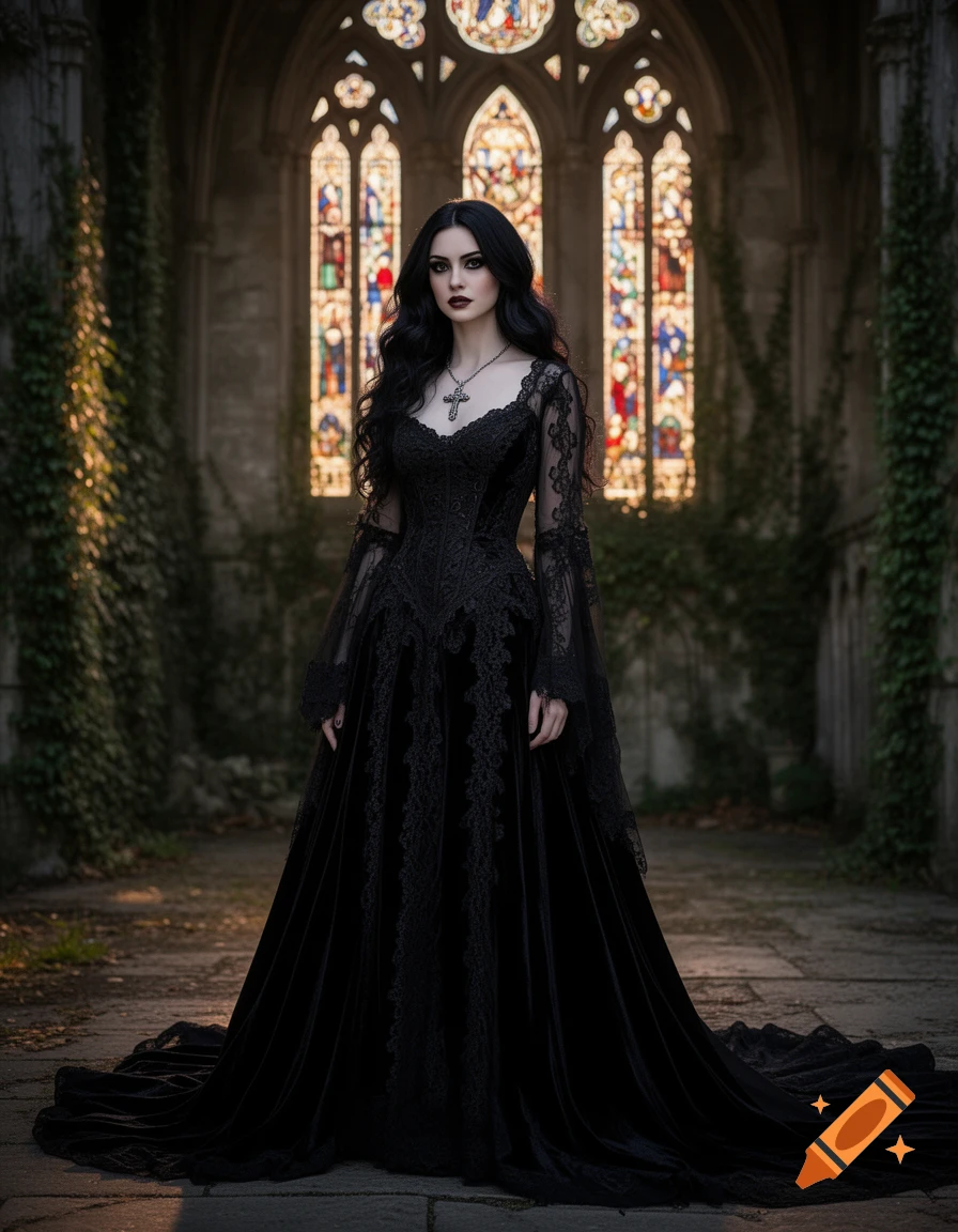 A beautiful woman with long dark hair, wearing a black lace and velvet gothic gown, stands in a ruined church with stained glass windows.