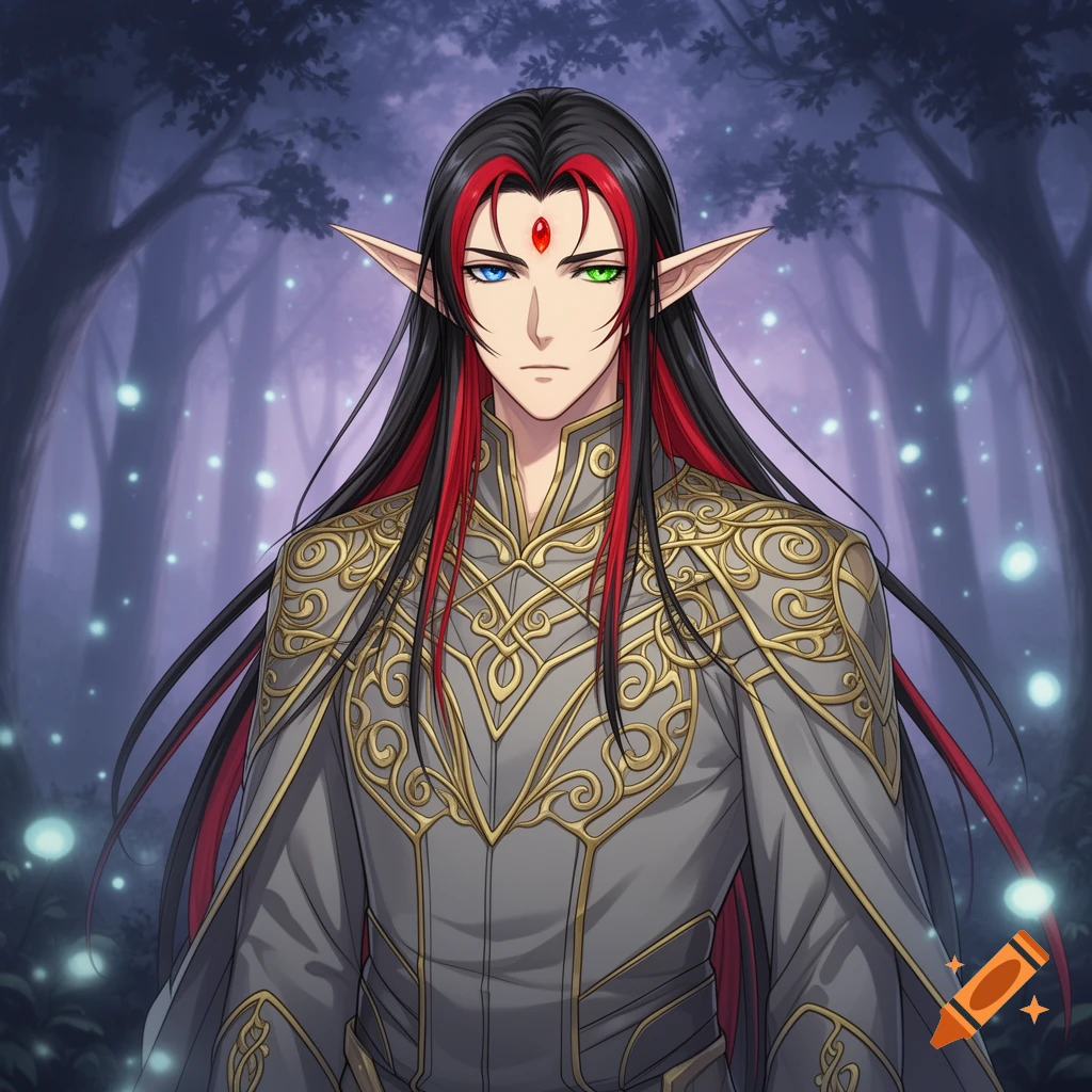 Anime drawing of a male elf with long black and red hair, heterochromia, a red forehead gem, wearing ornate gold and grey clothing in a mystical forest.