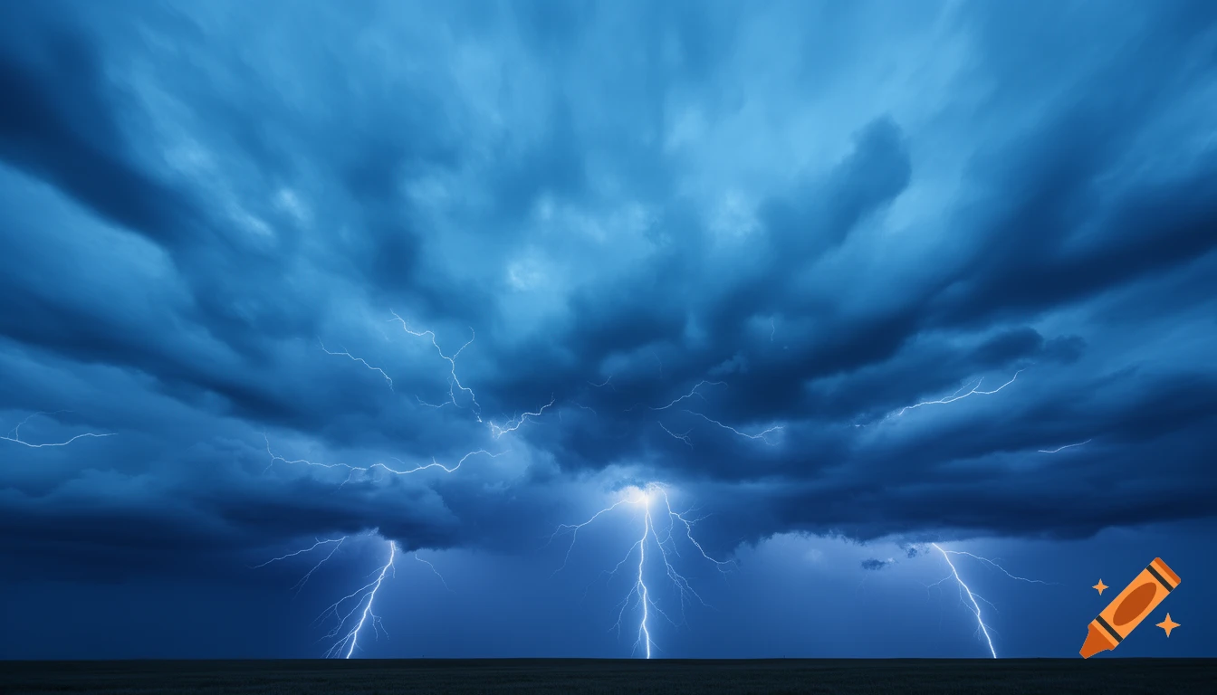 A dark blue stormy sky with multiple bright lightning bolts striking down over a dark, flat field.