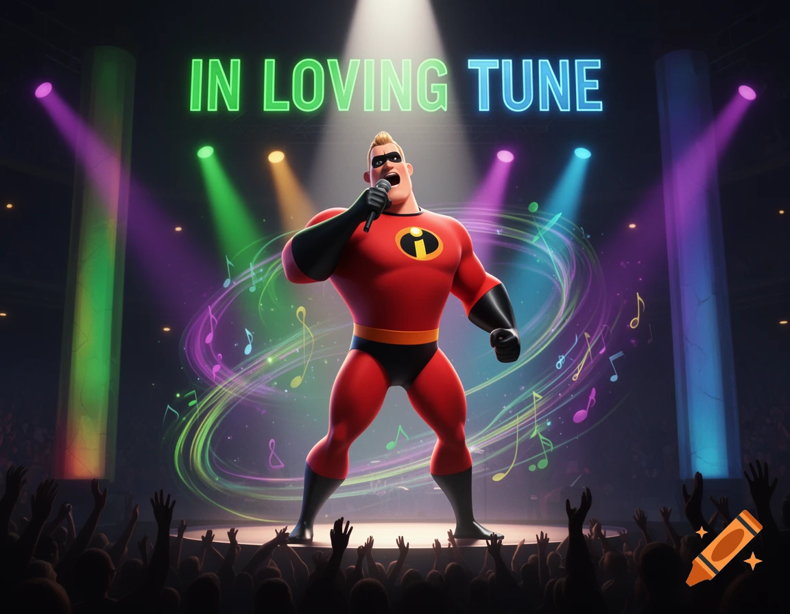 Mr. Incredible, a cartoon superhero, sings into a microphone on a brightly lit stage under glowing "IN LOVING TUNE" text, with a cheering crowd below.