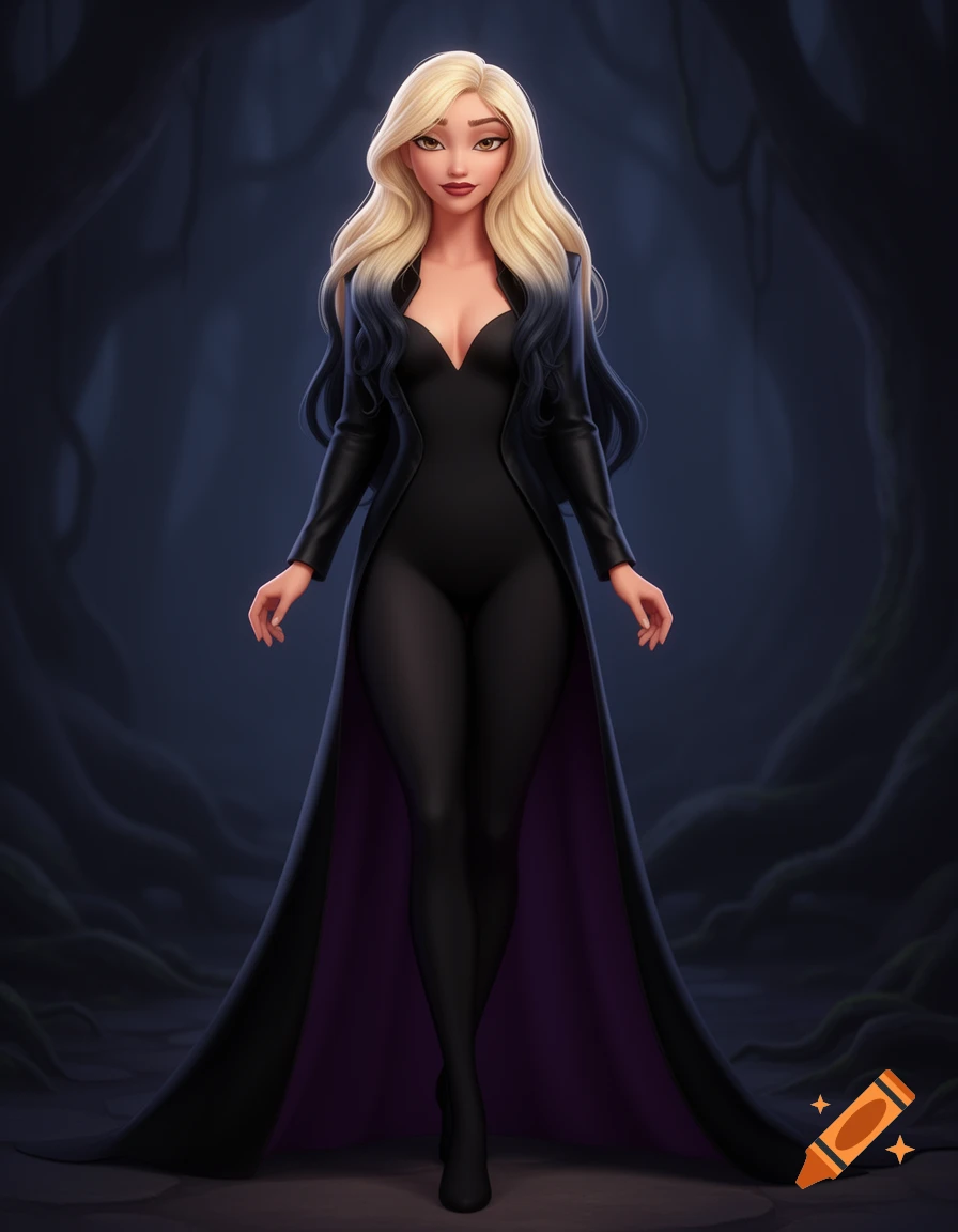 Isolah, a Disney-style animated character with blonde-to-black hair, wears a black leotard and a regal black jacket with purple lining in a dark setting.