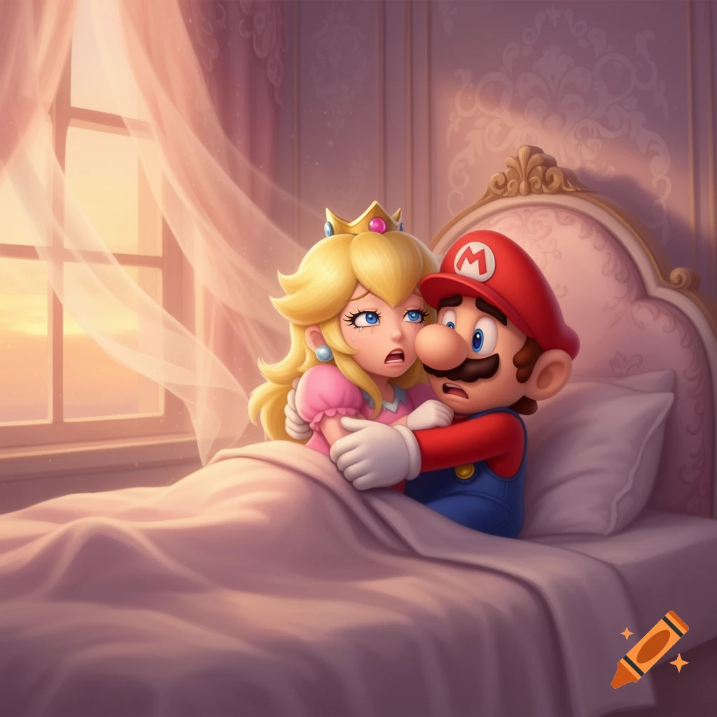 Princess Peach cries in bed, comforted by a concerned Mario, in a pink bedroom.