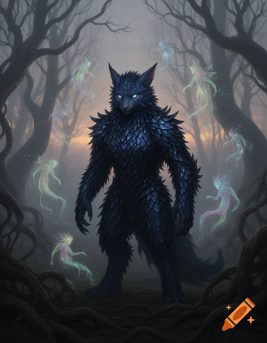 A dark, armored, wolf-like creature with glowing eyes stands in a misty, gnarled forest surrounded by ethereal, colorful spirits.