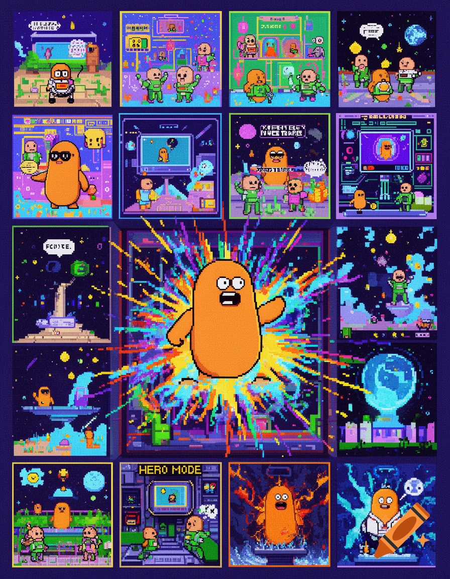 A vibrant pixel art collage in an MS Paint style, featuring an orange bean-like character across multiple sci-fi themed panels, some with speech bubbles.