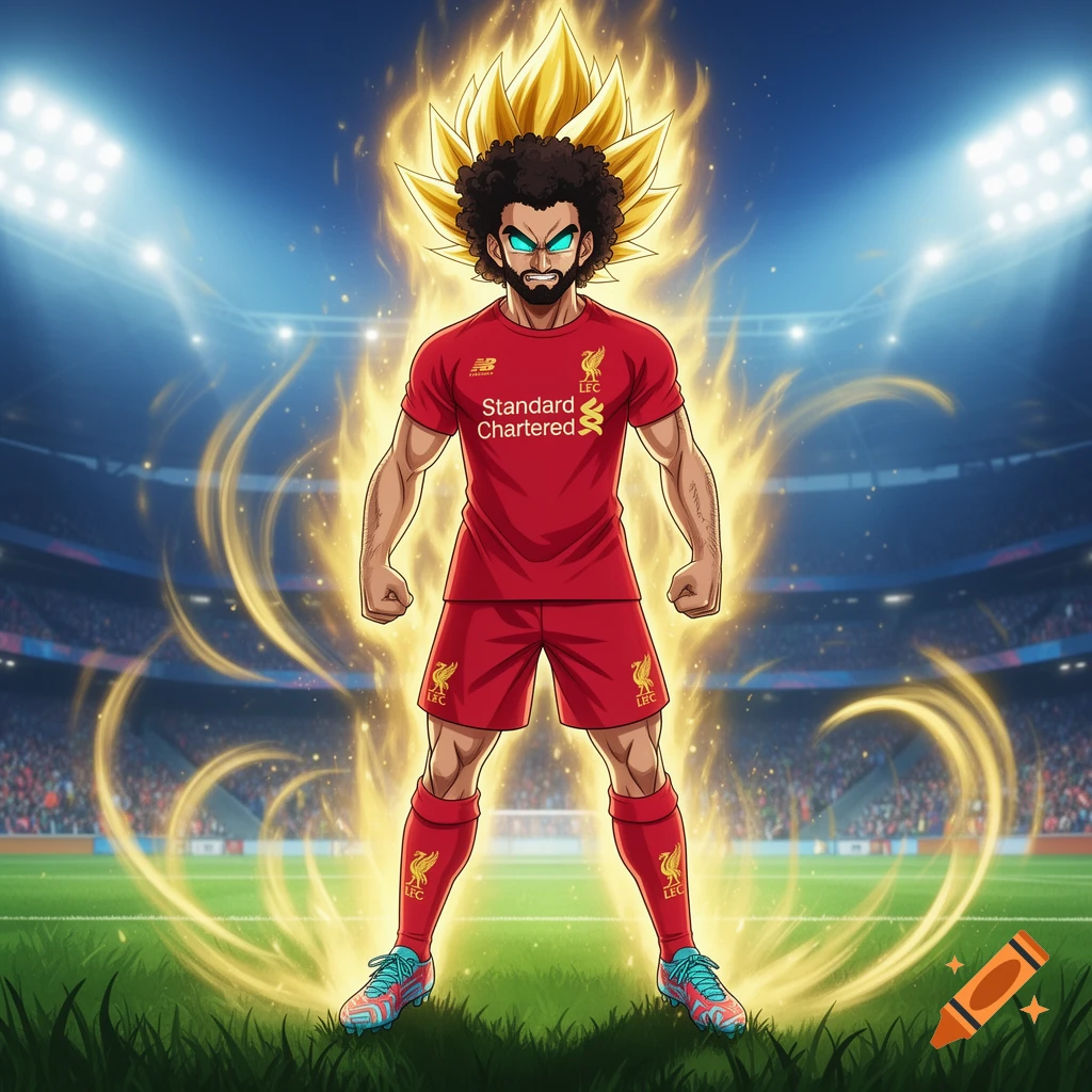 Animated character resembling Mohammed Salah in a red Liverpool football kit, with super saiyan golden hair and aura, standing in a stadium.